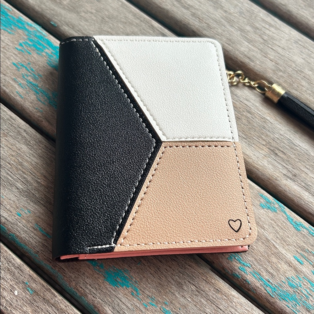 Black, White, Tan Wallet - With Zippered Section- Wallet- NEW- engraved heart